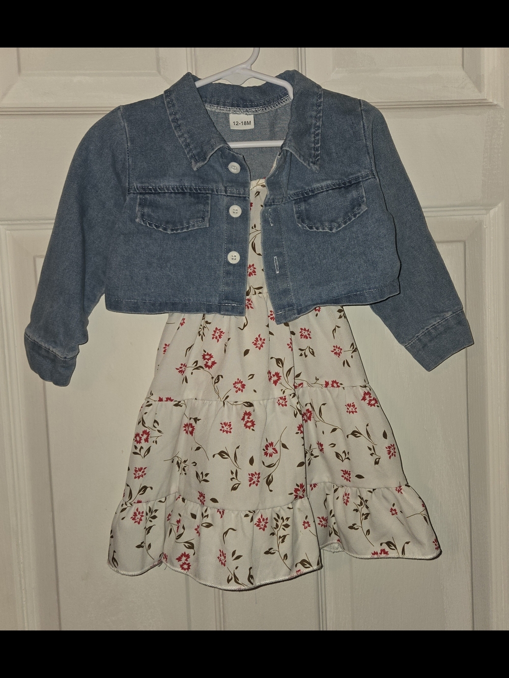Denim Cropped Jacket & Floral Dress Set - Blue and White SZ 12 - 18 M